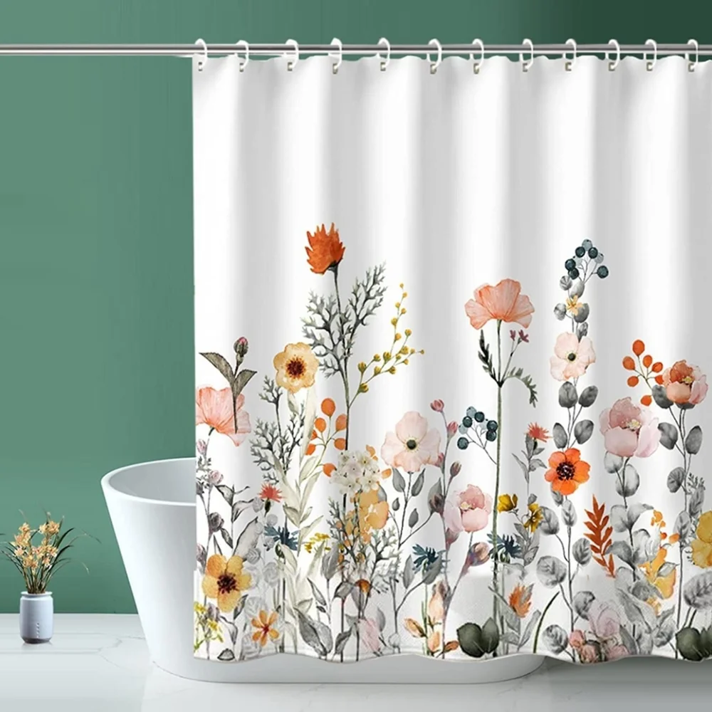 Shower Curtain, Fabric Shower Curtain Lined Floral White Shower waterproof